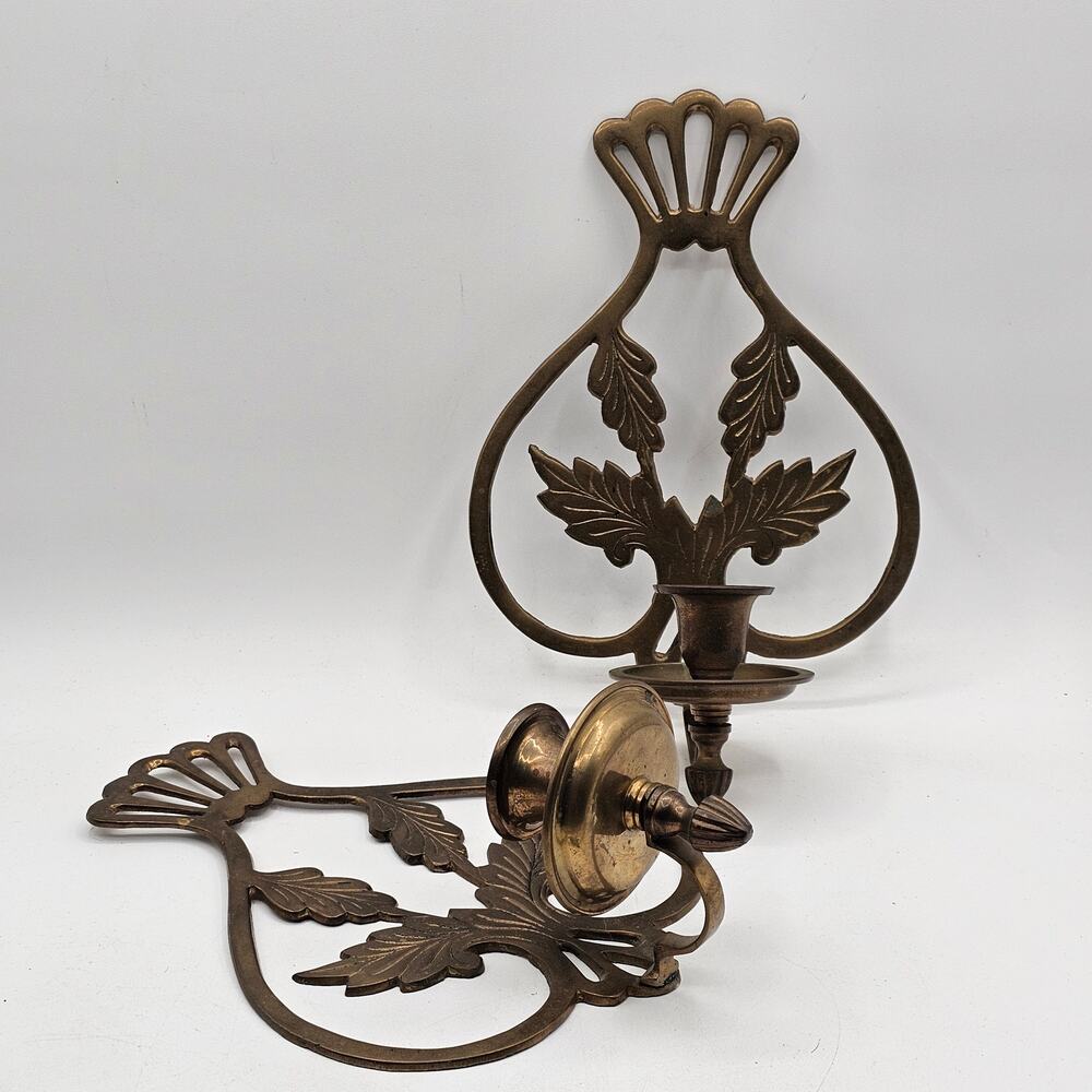 Vintage Solid Brass Wall Sconce Candle Holder Flowing Leaf Etched India